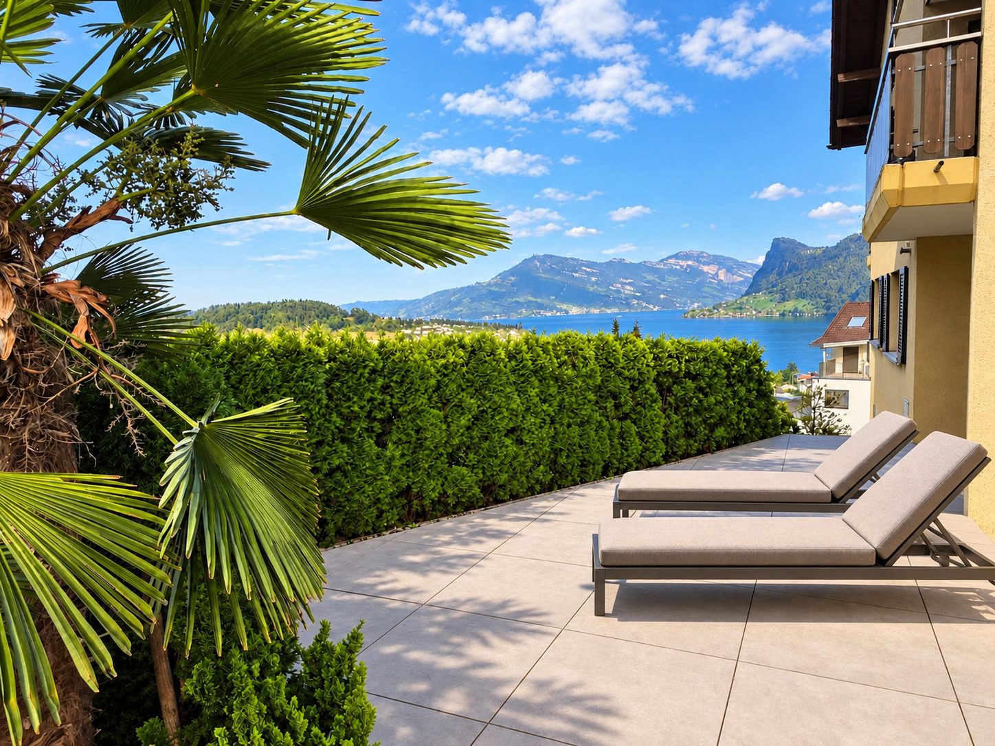 Sonniger Gartensitzplatz mit Liegen und Seesicht, rund 40 m²