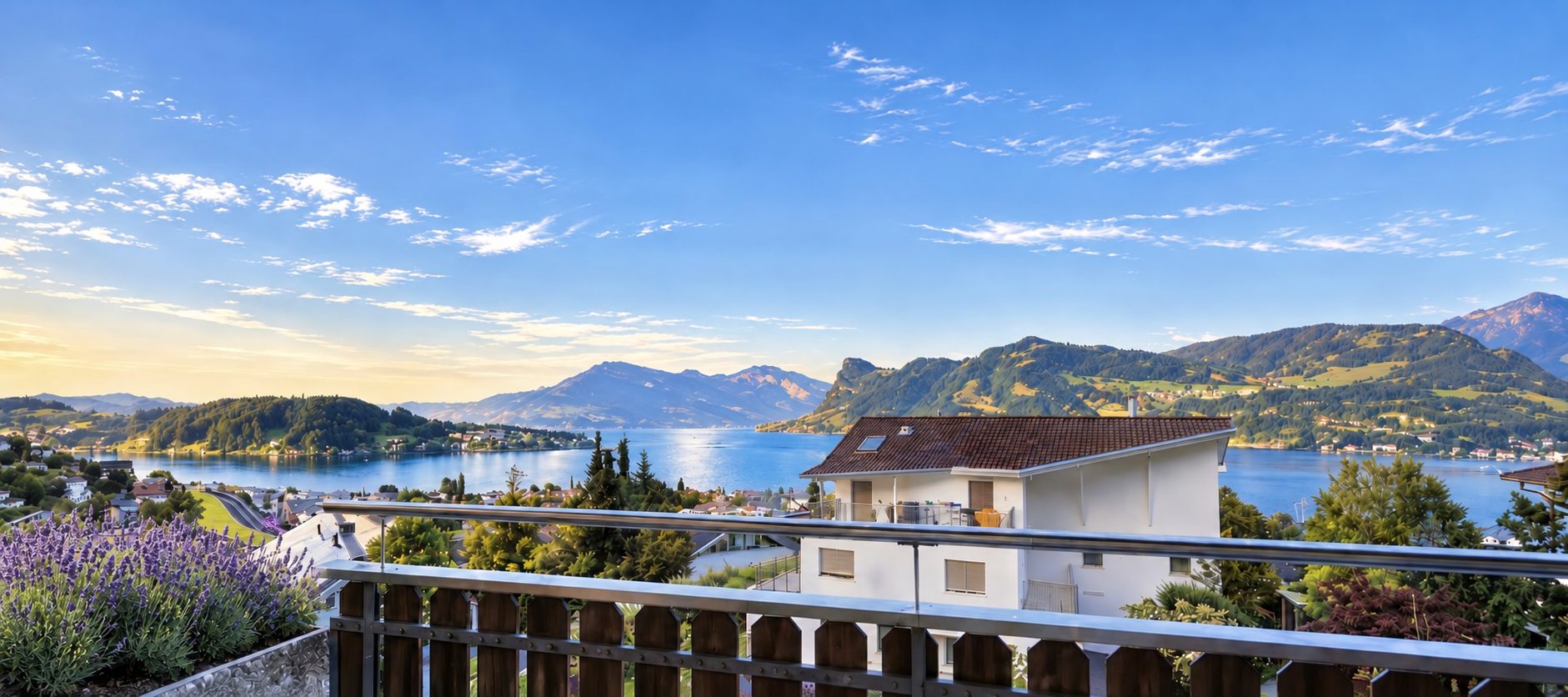 Panorama mit See- und Bergsicht von der 4.5-Zimmer-Wohnung in Hergiswil NW